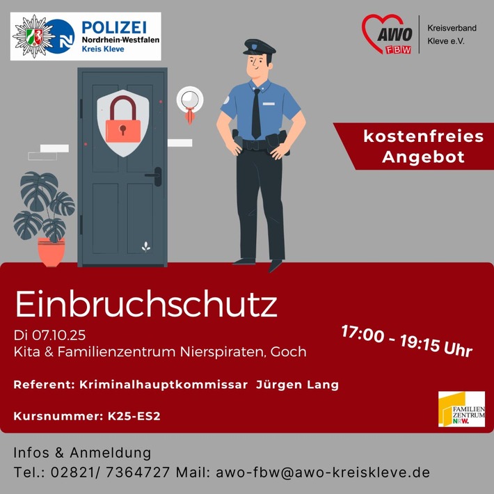 POL-KLE: Goch - Kostenloser Vortrag: AWO und Kreispolizeibehörde Kleve mit Angebot zum Thema "Einbruchschutz"