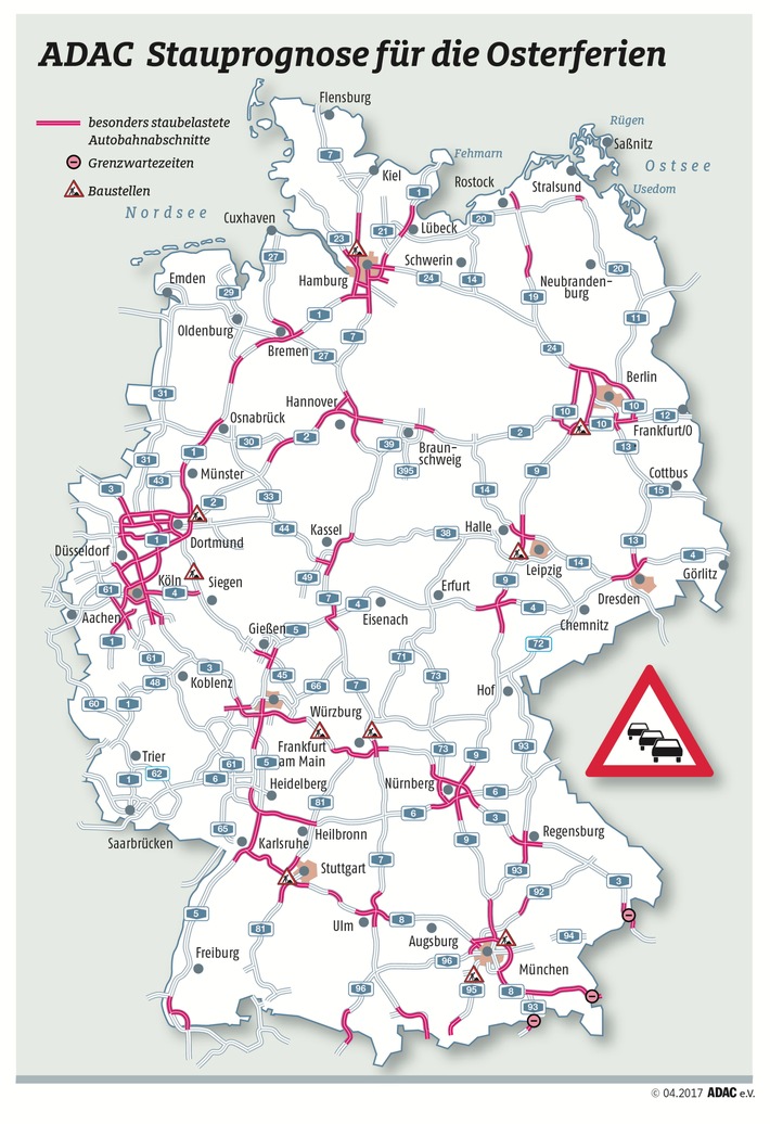 &quot;Staustufe Rot&quot; auf den Autobahnen / ADAC-Stauprognose für das Osterwochenende 13. bis 17. April / Ferien und fast 400 Baustellen bremsen den Verkehr