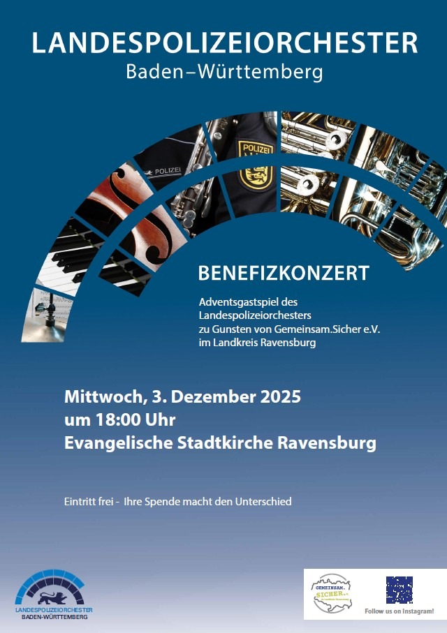 PP Ravensburg: Adventsgastspiel des Landespolizeiorchesters Baden-Württemberg am Mittwoch, 03.12.25, in der Evangelischen Stadtkirche Ravensburg