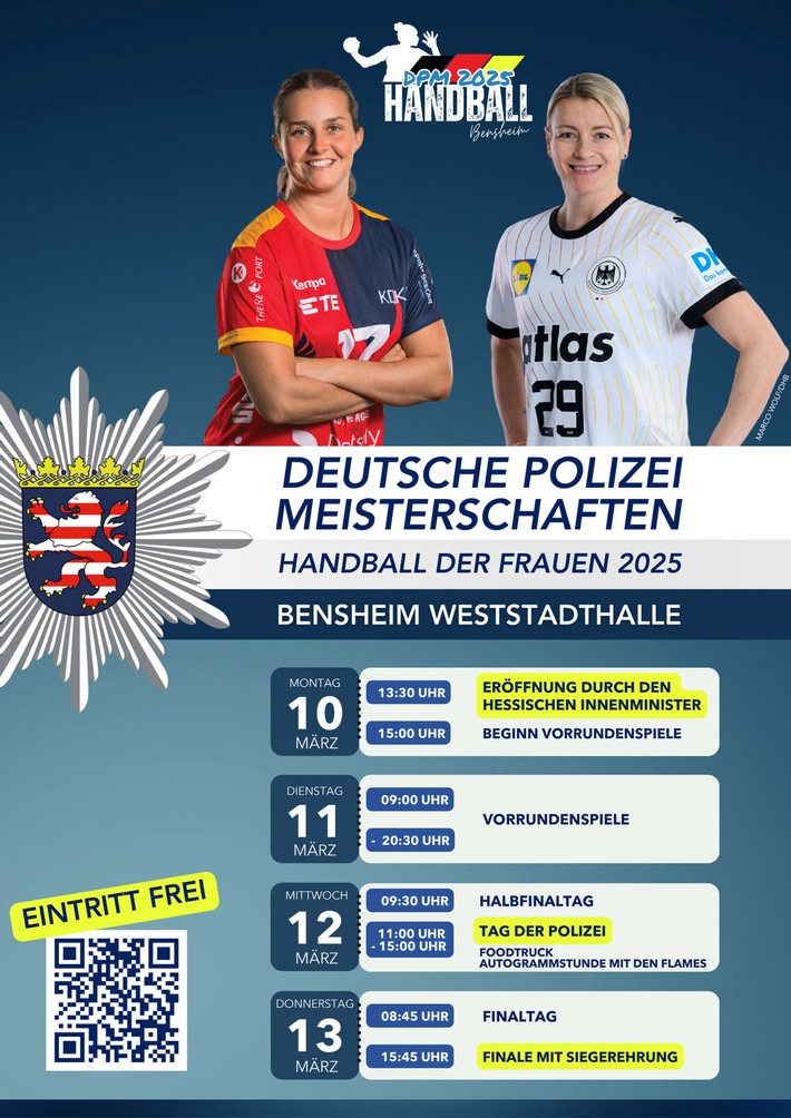 POL-DA: Bensheim: 13. Deutsche Polizeimeisterschaften im Handball der Frauen