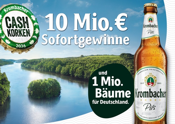 Krombacher Cash-Korken Aktion 2026: 10 Millionen Euro Sofortgewinne und erneut 1 Million Bäume für Deutschland