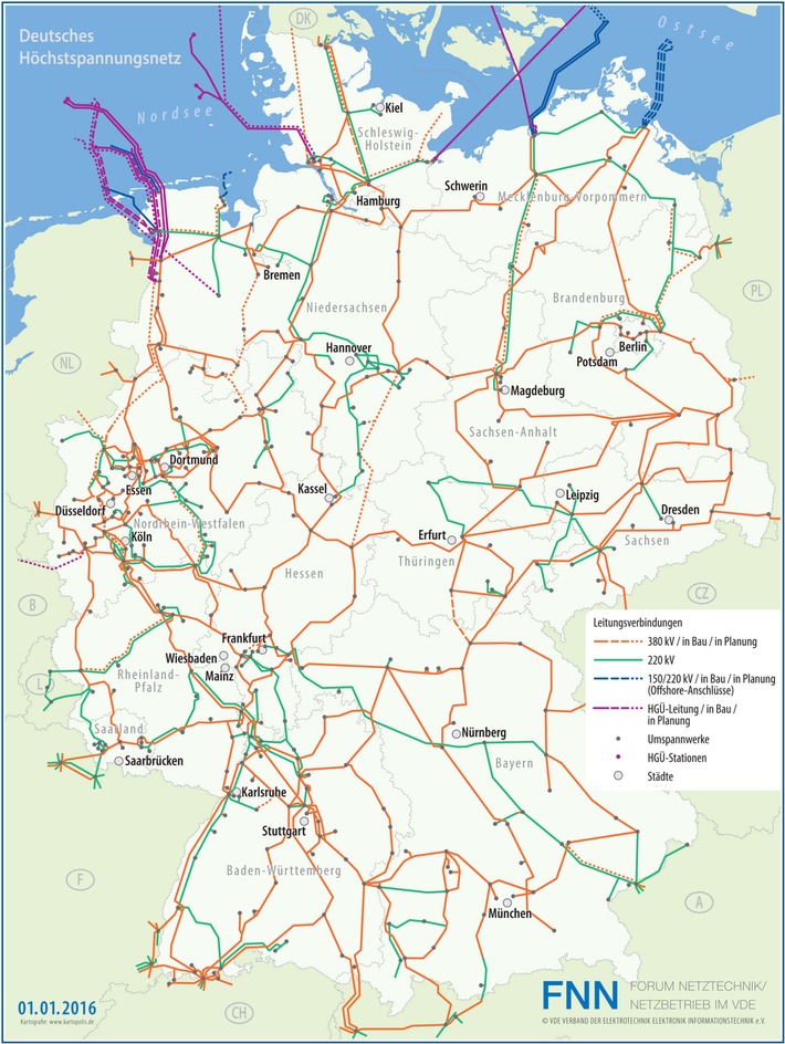 Aktuelle Karte des Höchstspannungsnetzes veröffentlicht / VDE|FNN: Große Fortschritte beim Ausbau der Offshore-Netzanschlüsse