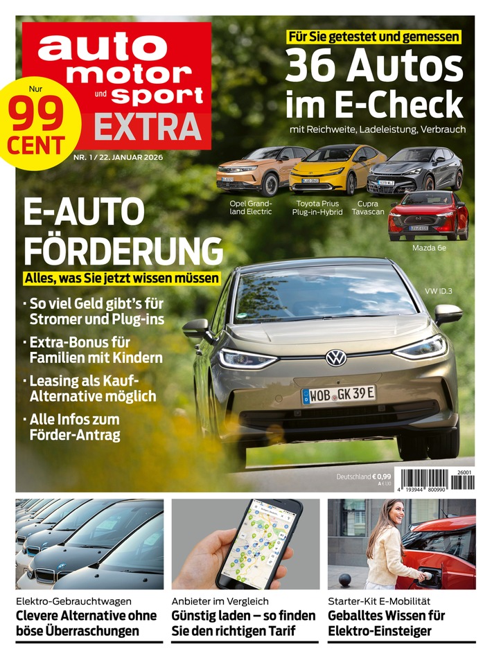 auto motor und sport erklärt die neue E-Auto-Förderung in Extra-Ausgabe für 99 Cent / Inklusive Tests von 36 Elektro- und Hybridmodellen
