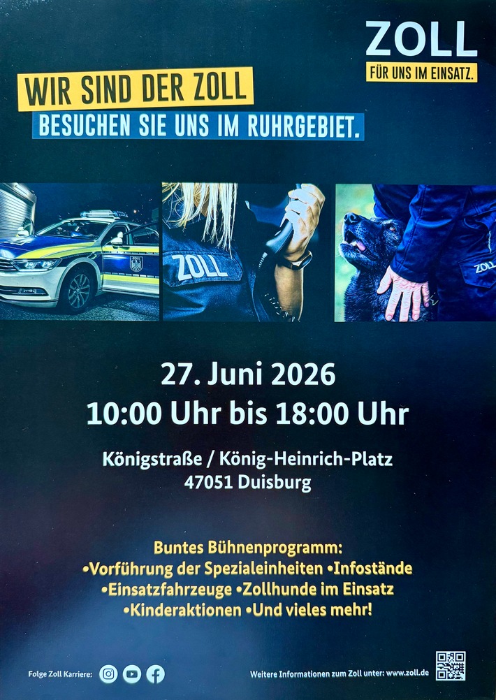 ZOLL-E: Veranstaltungstipp: Zoll hautnah erleben - Infomeile, Shows und Mitmachaktionen in Duisburg am 27. Juni 2026
