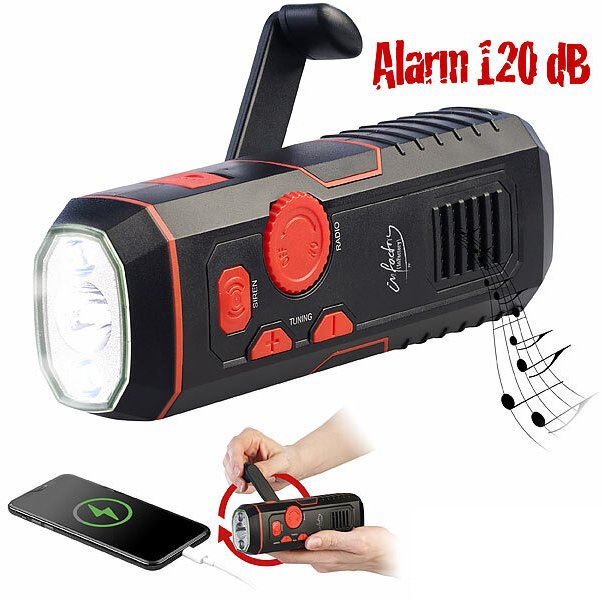 infactory Dynamo-FM-Radio und Taschenlampe DOR-320 mit 120-dB-Sirene, USB-Ladefunktion: Der 4in1-Allekönner für Outdoor-Aktivitäten