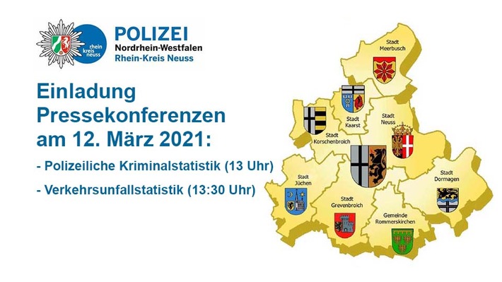 POL-NE: Einladung zu den Pressekonferenzen - Veröffentlichung der Polizeilichen Kriminalstatistik und der Verkehrsunfallstatistik 2020 für den Rhein-Kreis Neuss (Anmeldung erforderlich)