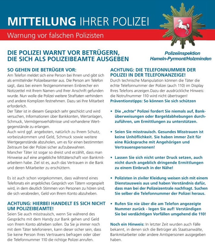 POL-HM: Erneute Anrufe durch "falsche Polizeibeamte" im Weserbergland  - Seniorinnen im Stadtgebiet von Holzminden und im Bereich Aerzen reagieren richtig - die Polizei wiederholt ihre Hinweise