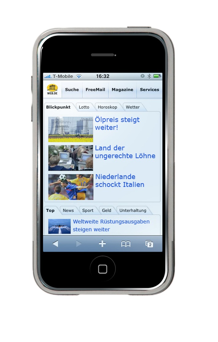 Erste große Portalseite für alle Apple-Handys: WEB.DE Homepage für neues UMTS-Handy, iPhone 3G