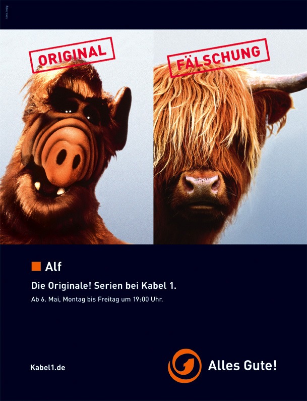 Außerirdischer oder Highland-Kuh? Original oder Fälschung? / Kabel 1
startet On- und Off-Air-Kampagne zum Serienstart von &quot;Alf&quot;