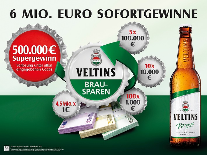6 Mio. Euro in bar bei beliebter Kronkorken-Aktion: Veltins Brausparen 2015 mit Super-Gewinn von 500.000 Euro
