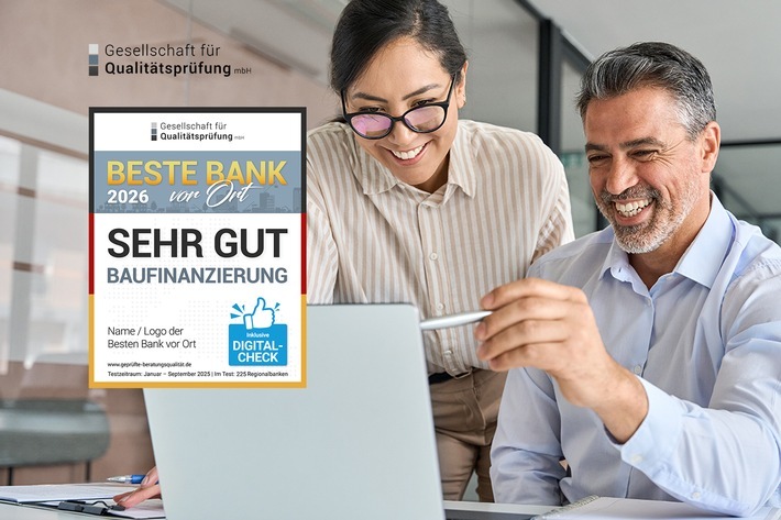 "Zu den Ergebnissen" im Bankentest "SEHR GUT in der Baufinanzierung 2026". / Weiterer Text über ots und www.presseportal.de/nr/121047 / Die Verwendung dieses Bildes für redaktionelle Zwecke ist unter Beachtung aller mitgeteilten Nutzungsbedingungen zulässig und dann auch honorarfrei. Veröffentlichung ausschließlich mit Bildrechte-Hinweis.