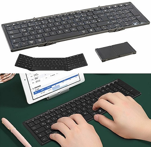 Die Tastatur bei Nicht-Gebrauch zusammenfalten​: Callstel Faltbare Fullsize-Tastatur mit Bluetooth, Beleuchtung, Akku, QWERTZ