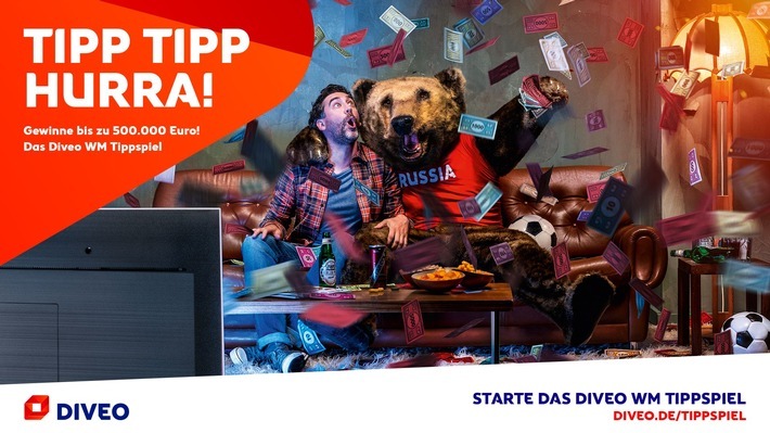 Tipp, tipp, hurra: Beim großen Diveo WM-Tippspiel mitmachen und bis zu 500.000 Euro gewinnen / Diveo WM-Tippspiel (c) Diveo. Weiterer Text über ots und www.presseportal.de/nr/129579 / Die Verwendung dieses Bildes ist für redaktionelle Zwecke honorarfrei. Veröffentlichung bitte unter Quellenangabe: "obs/Diveo/"