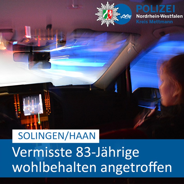 POL-ME: Rücknahme der Öffentlichkeitsfahndung: 83-Jährige wohlbehalten angetroffen - Solingen/Haan - 2409100