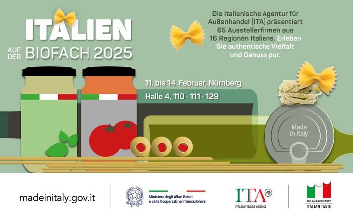 Vielfalt und Genuss aus Italien auf der BIOFACH 2025: Auf dem Gemeinschaftsstand der Italian Trade Agency präsentieren 65 Produzenten aus 16 Regionen ihre kulinarischen Highlights