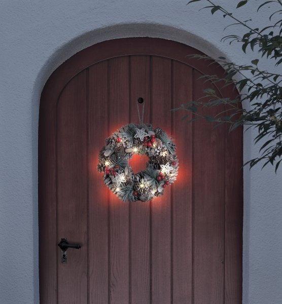 infactory Advents- und Weihnachtskranz mit LED-Beleuchtung, grün, rot, beige/braun: Die stilvolle Dekoration für die Weihnachtszeit - ganz ohne lästige Nadeln