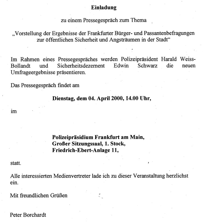 POL-F: 000402 Pressebericht von Polizei Frankfurt, Pressestelle