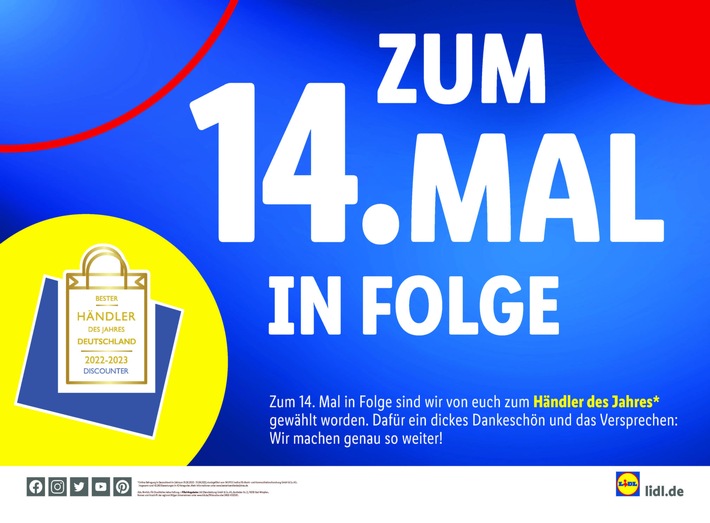 Lidl ist zum 14. Mal in Folge "Händler des Jahres" / Verbraucher wählen den Lebensmitteleinzelhändler in der Kategorie "Discounter" auf Platz 1