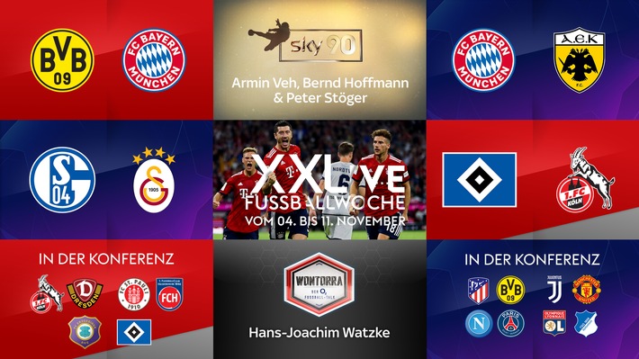 Die XXL-Fußballwoche bei Sky: HSV gegen Köln am Montag, die UEFA Champions League am Dienstag und Mittwoch und das Bundesliga-Topspiel BVB gegen FC Bayern am Samstag live und exklusiv