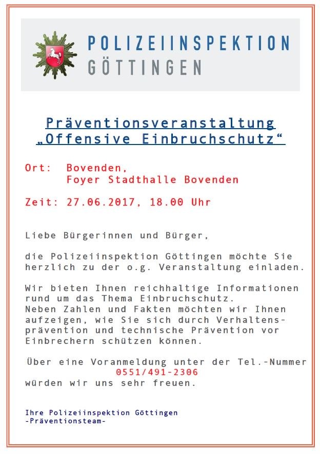 POL-GÖ: "Beratungsoffensive für wirksamen Einbruchschutz" am 27. Juni 2017 in Bovenden -Einbruchschutzexperte der Polizei Göttingen gibt kostenlose Tipps, Anmeldung erbete