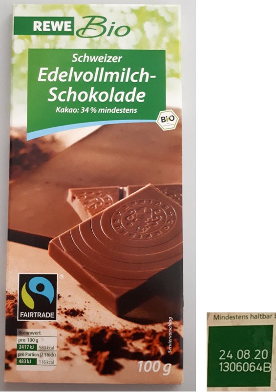 Die Firma SC Swiss commercial GmbH, ruft vorsorglich das Produkt &#039;REWE Bio Schweizer Edelvollmilchschokolade&#039;, 100g Tafel zurück