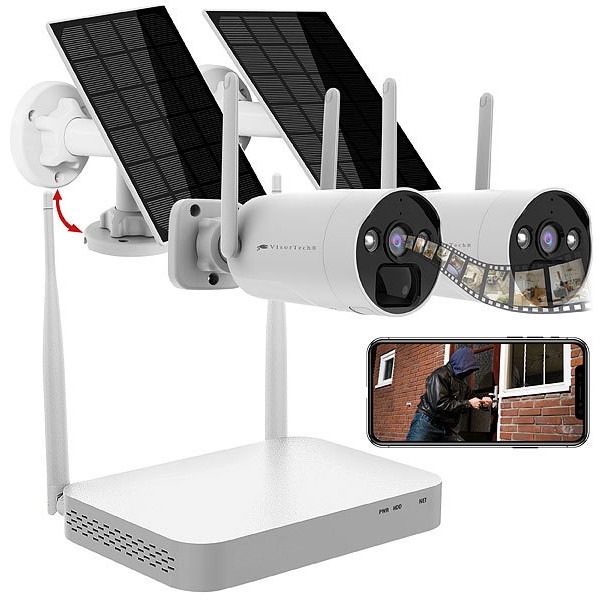 VisorTech 2K-Festplatten-Überwachungsrekorder + 2 Solar-Akku-Kameras, HDMI, App: Hochaufgelöste Überwachung mit bis zu 8 Kameras