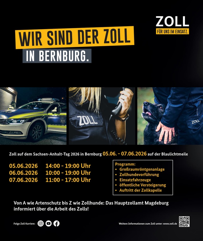 HZA-MD: Zoll feiert 75-jähriges Bestehen mit vielen Attraktionen in Bernburg / Das Hauptzollamt Magdeburg präsentiert sich auf der Blaulichtmeile beim Sachsen-Anhalt-Tag 2026