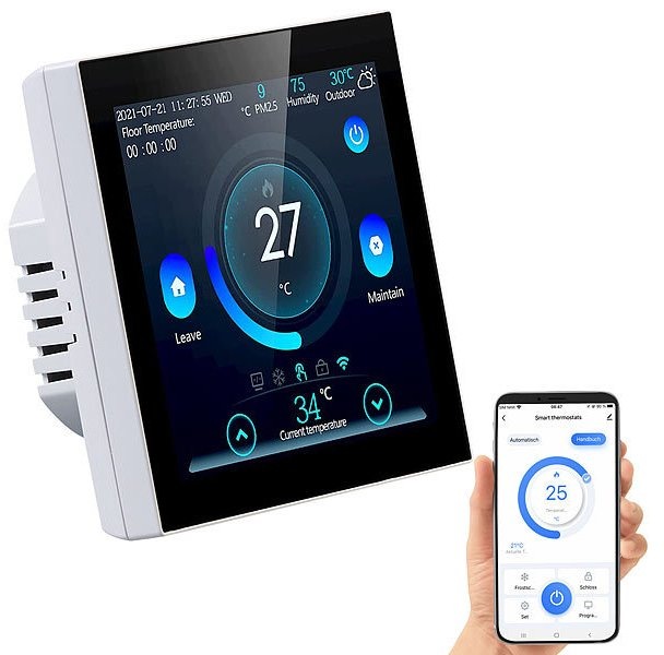 revolt WLAN-Fußbodenheizung-Thermostat mit Touchdisplay, Feinstaub-Anzeige: Immer die Wohlfühl-Temperatur genießen und Energie sparen