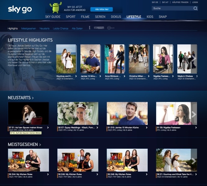 Entertainment, Abenteuer & Reality Shows:
Neuer Lifestyle-Bereich auf Sky Go