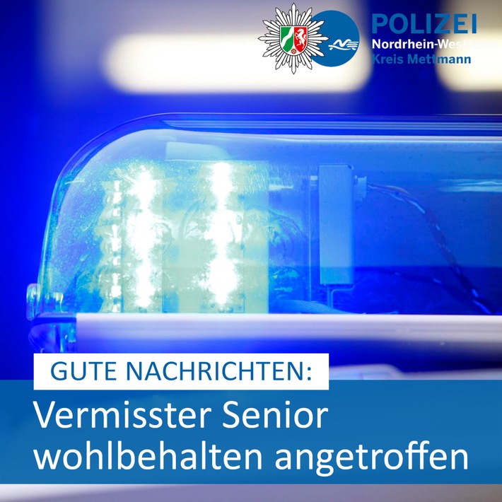 POL-ME: Erfolgreicher Abschluss der Suchmaßnahmen: Vermisster Senior wohlbehalten wieder angetroffen - Erkrath / Düsseldorf / Wuppertal - 2205098