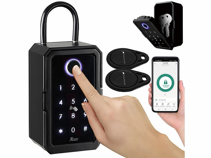 Xcase Smarter Schlüssel-Safe SAF-150.app, Touch-PIN, Fingerprint, Transponder, Bluetooth: Jederzeit Zugriff auf Schlüssel haben und geben - optional weltweit
