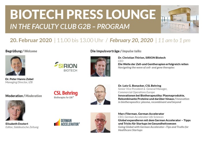 20.02.2020: Einladung Biotech Presse-Lounge im Innovations- und Gründerzentrum Biotechnologie in Martinsried bei München