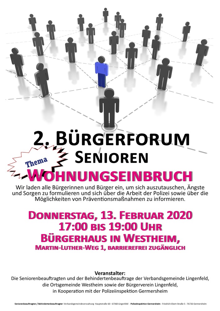 POL-PDLD: Westheim - 2. Bürgerforum in der Verbandsgemeinde Lingenfeld mit dem Thema Wohnungseinbruch