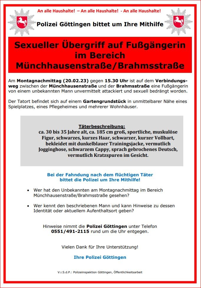 POL-GÖ: (97/2023) Sexueller Übergriff auf Fußgängerin in Geismar - Frau leicht verletzt, Täter flüchtig, Zeugen gesucht