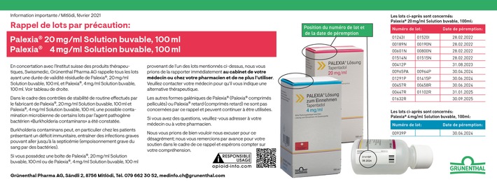 Rappel de lots par précaution / Palexia®, 20 mg/ml Solution buvable, 100 ml / Palexia®, 4 mg/ml Solution buvable, 100 ml