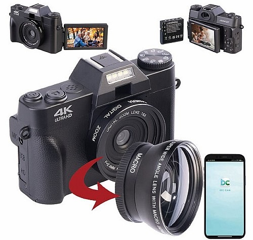 Für Fotos, Videos, Vlogs und Makro-Aufnahmen: Somikon 4K-UHD-Digitalkamera mit 3"-Flip-HD-Display, Makrolinse und WLAN