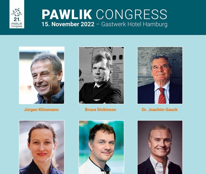 Hochkarätige Gäste in Hamburg: Joachim Pawlik begrüßt am 15. November 2022 Bundespräsident a.D. Dr. Joachim Gauck, Fußballweltmeister Jürgen Klinsmann (virtuell), Iron Maiden Frontman Bruce Dickinson, Kampfjetpilotin Nicola Winter und den Neurowissenschaftler Prof. Dr. Volker Busch zum Thema "Kohäsion - die Bindungskräfte von morgen" / Bildrechte: PAWLIK Consultants; picture alliance/ Foto Huebner; Bruce Dickinson; Reto Klar; Manfred Vogel/ Airbus; Volker Busch; David Coulthard / Weiterer Text über ots und www.presseportal.de/nr/160950 / Die Verwendung dieses Bildes für redaktionelle Zwecke ist unter Beachtung aller mitgeteilten Nutzungsbedingungen zulässig und dann auch honorarfrei. Veröffentlichung ausschließlich mit Bildrechte-Hinweis.
