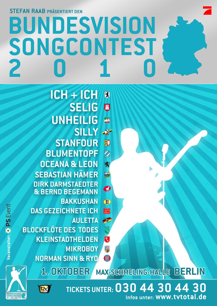 Stefan Raab bringt Song Contest nach Berlin: Der "Bundesvision Song Contest 2010" mit Ich + Ich, Unheilig und Selig (mit Bild)