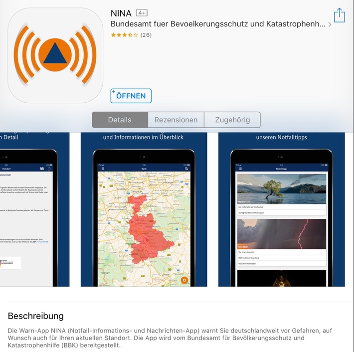FW-E: NINA 2.0 ist da.
Die Notfall-, Informations- und Nachrichtenapp (NINA) des Bundesamtes für Bevölkerungsschutz und Katastrophenhilfe ist in einer verbesserten Version verfügbar
