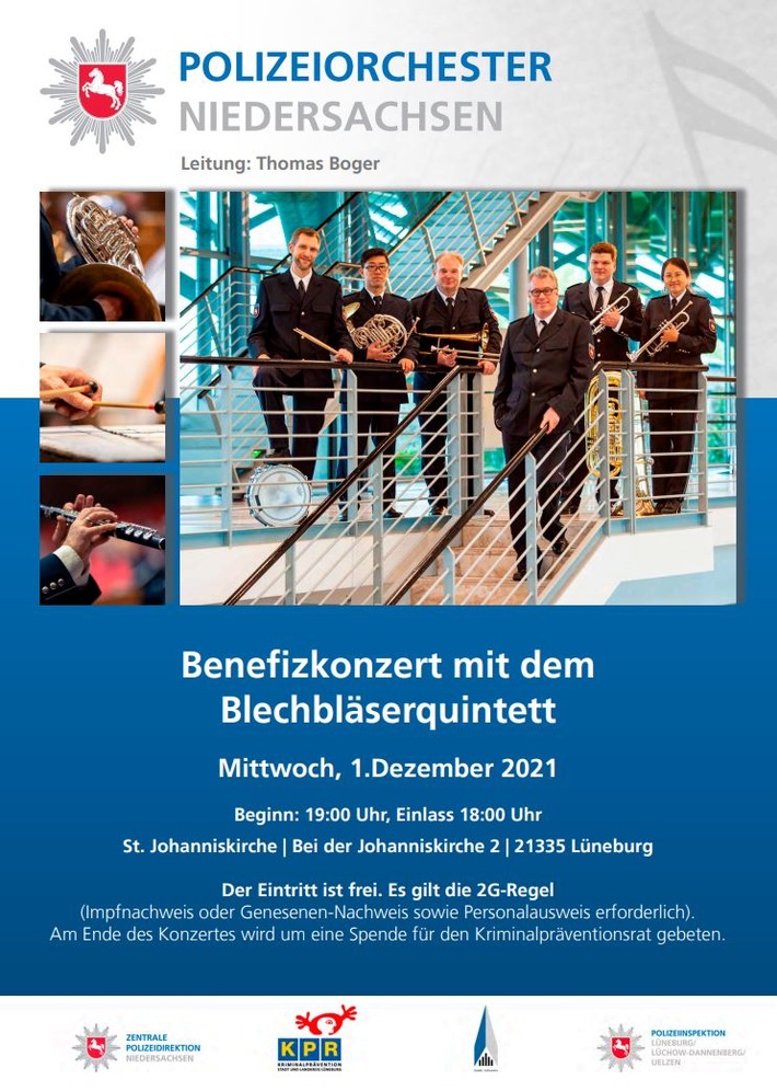 POL-LG: ++ &quot;Mit Musik helfen!&quot; ++ &quot;save the date&quot;: Mi., 01.12.21 - 19:00 Uhr ++ traditionelles Wohltätigkeitskonzert mit dem Blechbläserquintett des Polizeiorchesters Niedersachsen in St. Johannis ++