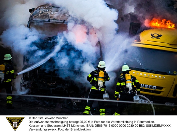 FW-M: Zwei Lkw in Brand - Fahrer erleidet Brandverletzungen (Neuhausen)