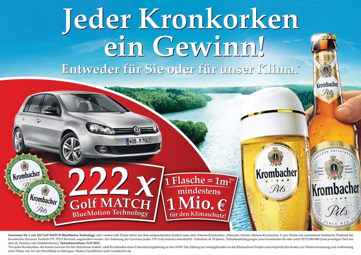 Krombacher startet große Kronkorkenaktion unter dem Motto: "Jeder Kronkorken ein Gewinn. Entweder für Sie oder für unser Klima." (mit Bild)