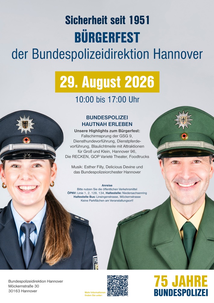 BPOLD-H: 75 Jahre Bundespolizei: Bürgerfest mit Fallschirmsprung der GSG 9 und spektakulären Einsatzvorführungen