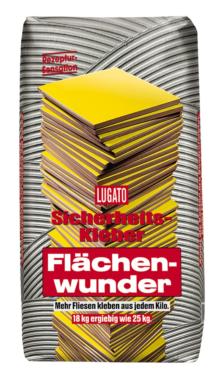 Flächenwunder von Lugato auf der DIY\047TEC in Köln / Innovativer Fliesenklebstoff als Rezeptur-Sensation: 18 kg ergiebig wie 25 kg