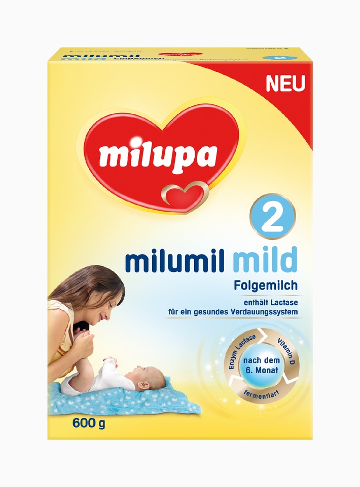 milumil mild 2 Folgemilch -  Für Babys gesunde Verdauung / Die neue milumil mild 2 Folgemilch mit patentiertem LACTOFIDUS®-Prinzip ist besonders sanft zu Babybäuchlein (BILD)