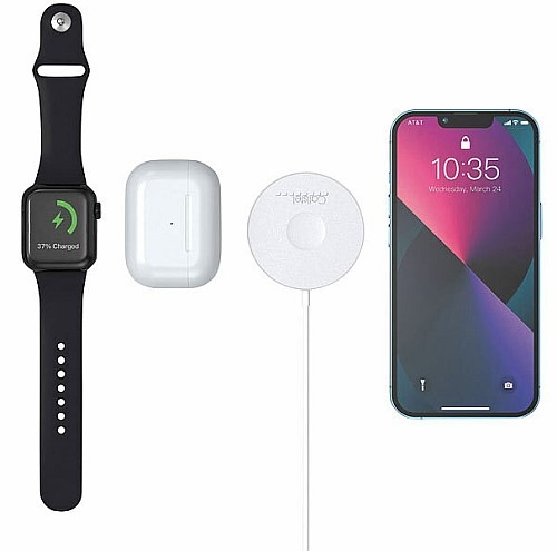Perfekt für Apple-User - lädt iPhone, Watch &amp; AirPods: Callstel Kabelloses 3in1-Ladepad, Qi- &amp; MagSafe-kompatibel, 2,5-15 Watt, 30/100 cm