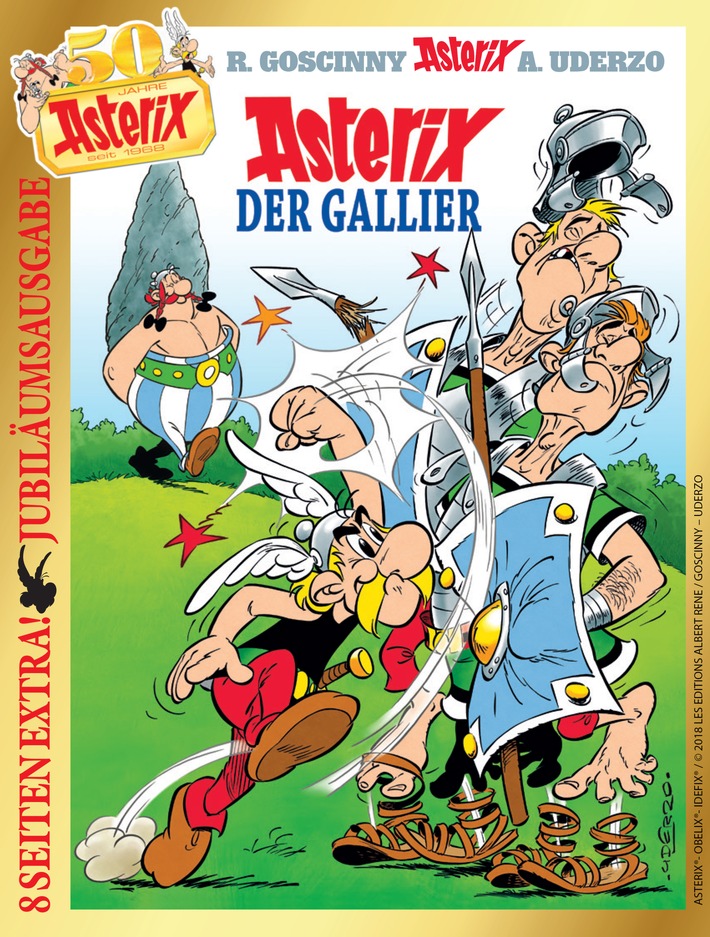 Cover des Jubiläumsbands "Asterix der Gallier", Asterix® - Obelix® - Idefix ® / © 2018 Les Éditions Albert René / Weiterer Text über ots und www.presseportal.de/nr/8146 / Die Verwendung dieses Bildes ist für redaktionelle Zwecke honorarfrei. Veröffentlichung bitte unter Quellenangabe: "obs/Egmont Ehapa Media GmbH"