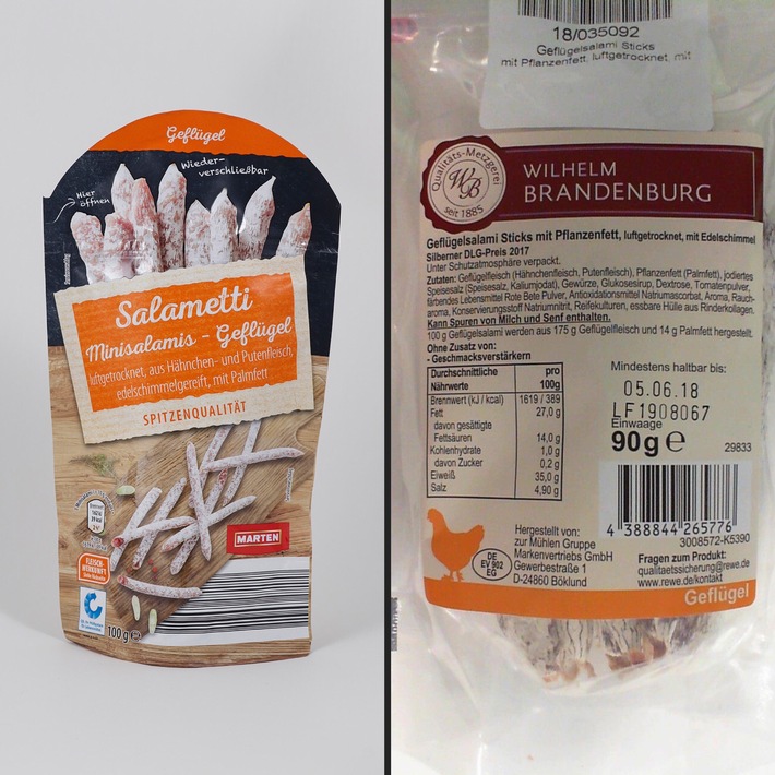 Warenrückruf für "Wilhelm Brandenburg - Geflügelsalami Sticks mit Pflanzenfett, luftgetrocknet, mit Edelschimmel, 90g", sowie "Marten Salametti Minisalamis-Geflügel, 100g"