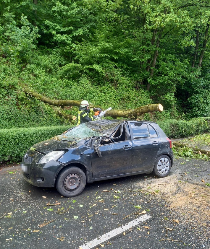 FW-EN: Massiver Baum stürze auf fahrenden Pkw - Zwei Verletzte bei Unfall in Herdecke - Großes Glück für Insassen