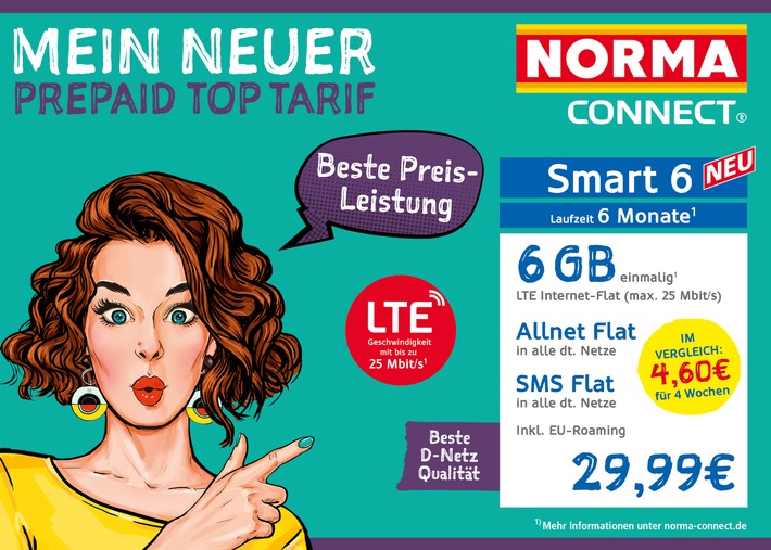 NORMA Connect erweitert sein Prepaid-Portfolio im D-Netz der Telekom um das Halbjahresangebot &quot;Smart 6&quot; für nicht einmal 5 Euro im Monat / Sechs GB Datenvolumen und Allnet-Flat in alle deutschen Netze